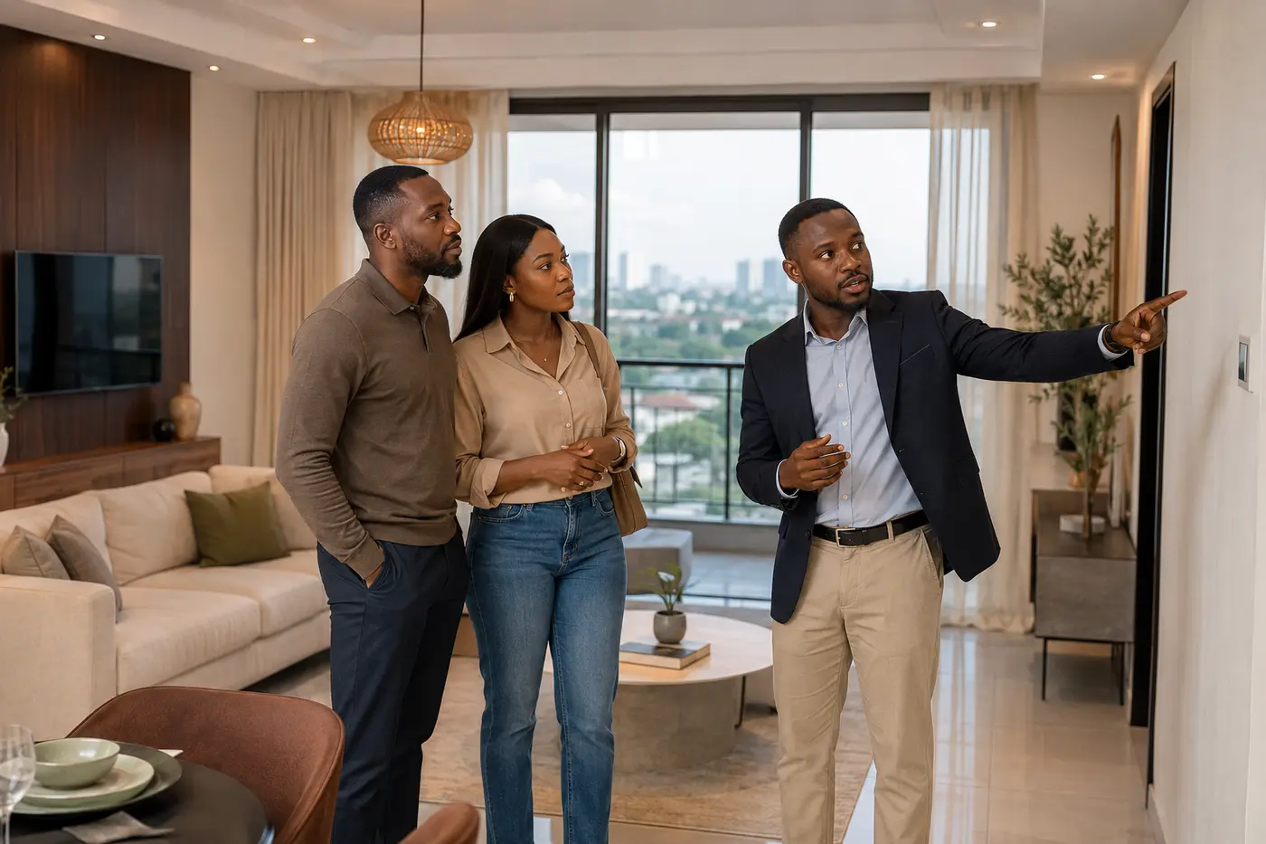 Nigerian clients inspecting an apartment with a property adviser
