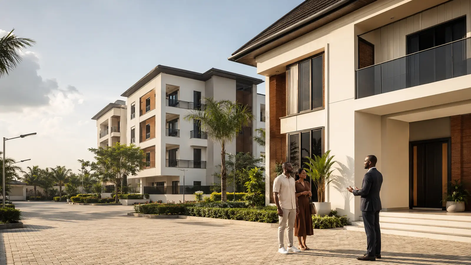 Clients viewing a contemporary Nigerian home with a property adviser