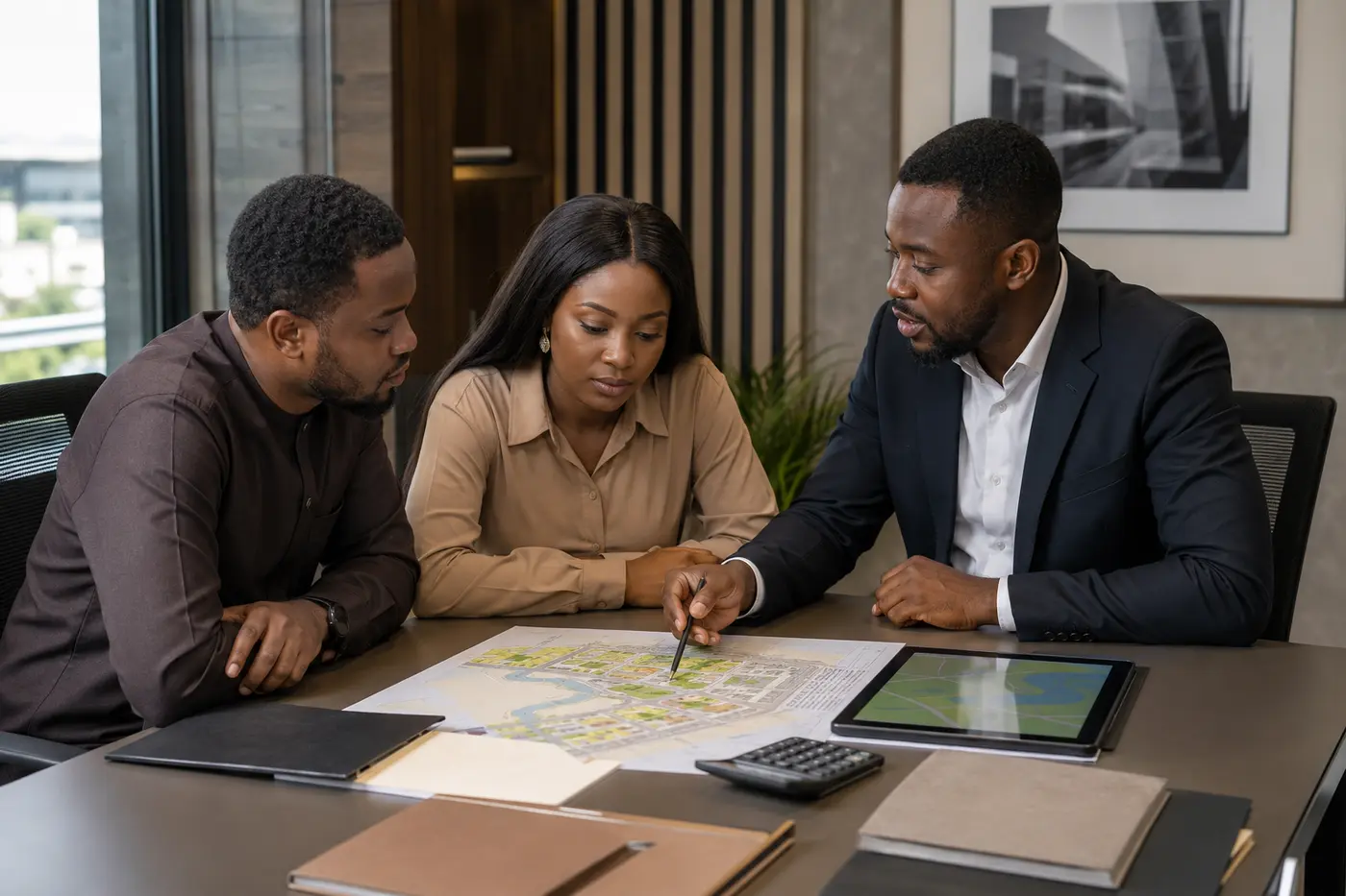 A Nigerian property adviser explaining property information to clients